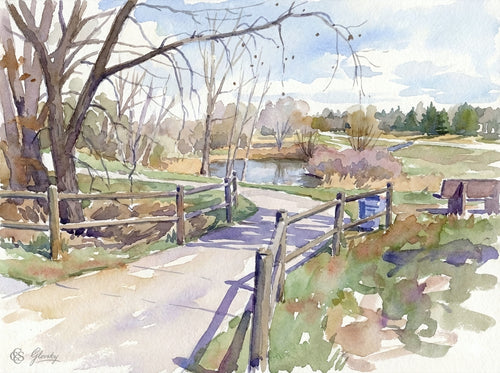 Watercolor print of a spring footpath and pond in Niwot, Colorado in the style of John Singer Sargent featuring violet shadows and fluid foliage.